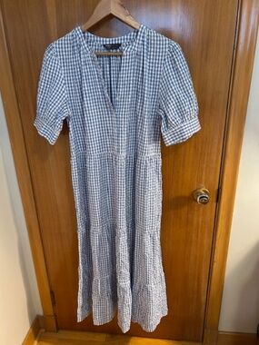 Marks and Spencer blue/white gingham seersucker cotton maxi dress (sz 10)